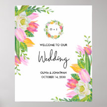 水彩ピンクチューリップモノグラム結婚の歓迎