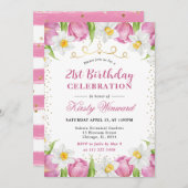 水彩ピンクチューリップ&ダフォジル誕生日 招待状 (正面/裏面)