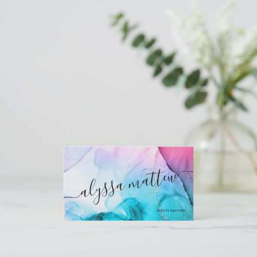 水彩ピンクティール（緑がかった色）金ゴールドエレガントグリッター 名刺 (スタンド正面)