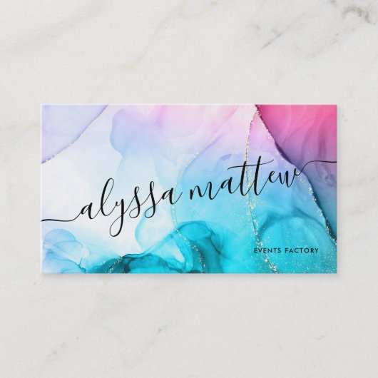 水彩ピンクティール（緑がかった色）金ゴールドエレガントグリッター 名刺 (正面)