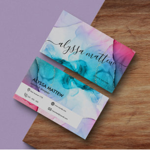 水彩ピンクティール（緑がかった色）金ゴールドエレガントグリッター 名刺