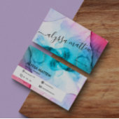 水彩ピンクティール（緑がかった色）金ゴールドエレガントグリッター 名刺