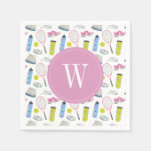 水彩ピンクテニスパターンモノグラム スタンダードカクテルナプキン (正面)