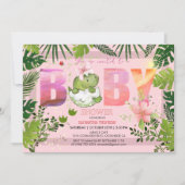 水彩ピンクディノトロピカルガールベビーシャワー 招待状 (正面)