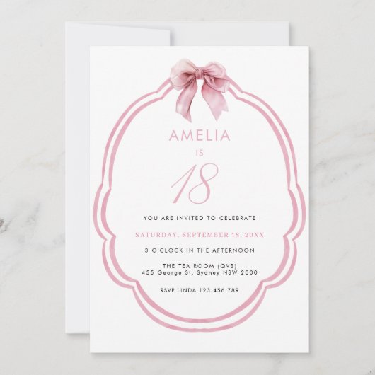 水彩ピンクディンティボウ18誕生日 招待状 (正面)