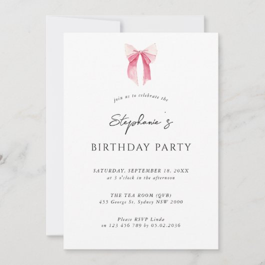 水彩ピンクディーンティーボウバースデーパーティー 招待状 (正面)