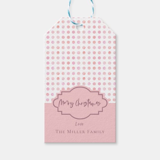 水彩ピンクドットヴィンテージフレームメリークリスマス ギフトタグ (正面)