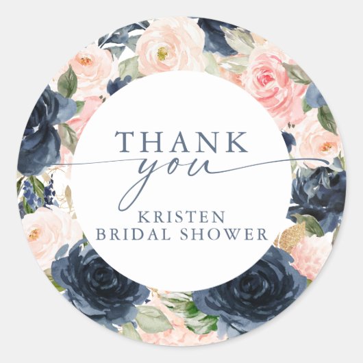 水彩ピンクネイビー花飾り ブライダルシャワー ラウンドシール (正面)
