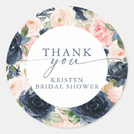 水彩ピンクネイビー花飾り ブライダルシャワー ラウンドシール