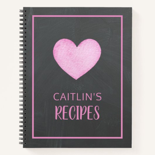 水彩ピンクハートパーソナライズされたレシピ ノートブック (正面)