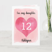 水彩ピンクハート12番目の誕生日娘 カード (正面)