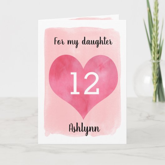 水彩ピンクハート12番目の誕生日娘 カード (正面)
