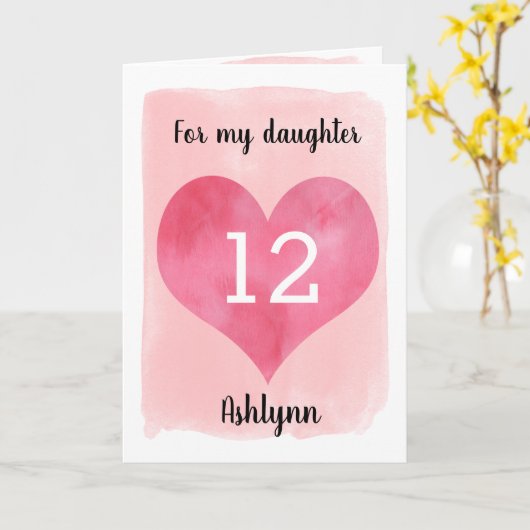 水彩ピンクハート12番目の誕生日娘 カード (黄色い花)