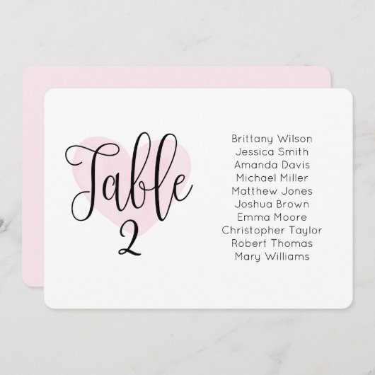 水彩ピンクハート。赤面結婚の座席表 招待状 (正面/裏面)