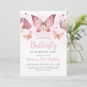 水彩ピンクバタフライファースト誕生日 招待状 (スタンド正面)