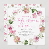 水彩ピンクバタフライフローラベビーシャワー 招待状 (正面/裏面)