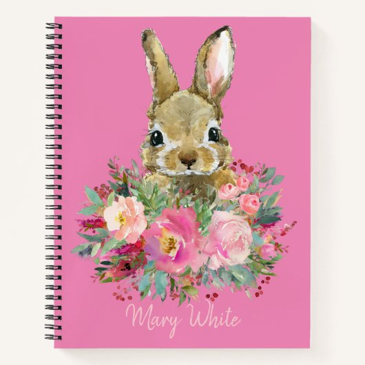 水彩ピンクバニーフローラかわいいパーソナライズされた ノートブック (正面)