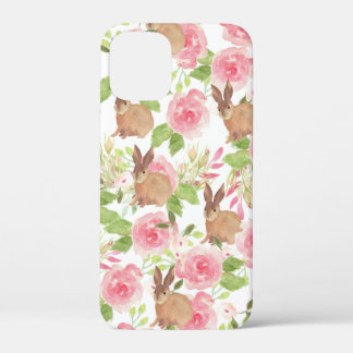 水彩ピンクバラフローラブラウンウサギCa iPhone 12 Mini ケース