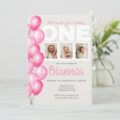 水彩ピンクバルーンフォトファースト誕生日 招待状 (スタンド正面)