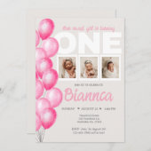 水彩ピンクバルーンフォトファースト誕生日 招待状 (正面/裏面)