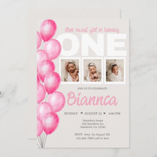 水彩ピンクバルーンフォトファースト誕生日 招待状 (正面/裏面)