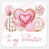 水彩ピンクバレンタインデーのクッキー&スイーツ スクエアシール (正面)