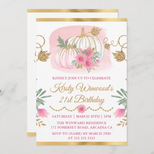 水彩ピンクパンプキン金ゴールドグリッター誕生日 招待状 (正面/裏面)