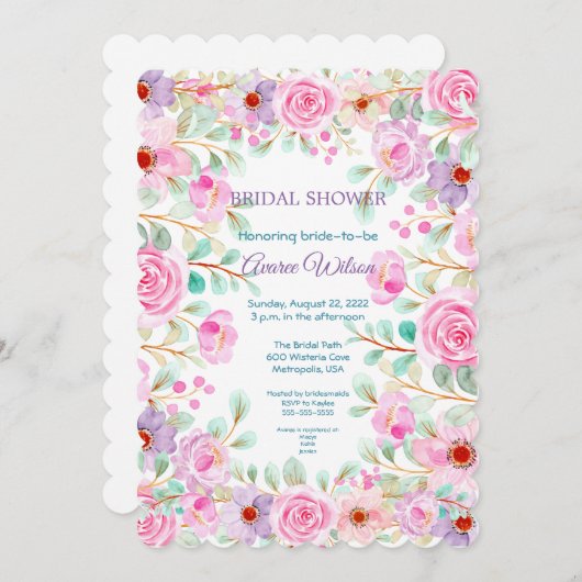 水彩ピンクパープルとターコイズシャワー 招待状 (正面/裏面)