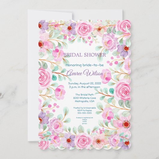 水彩ピンクパープルとターコイズシャワー 招待状 (正面)