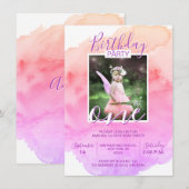 水彩ピンクパープルの女の子 誕生日 1歳 お誕生日 招待状 (正面/裏面)