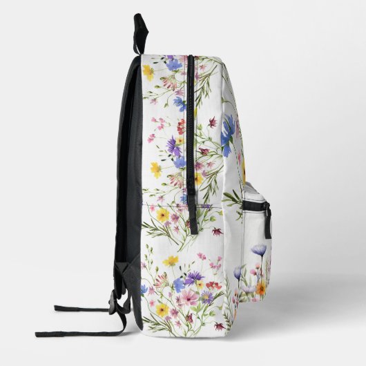 水彩ピンクパープルイエローワイルドフラワーズガーデン プリントバックパック (左)