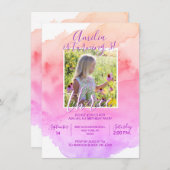 水彩ピンクパープルガール3rd誕生日パーティー 招待状 (正面/裏面)