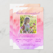 水彩ピンクパープルガール4th YEAR OLD誕生日 招待状 (正面/裏面)