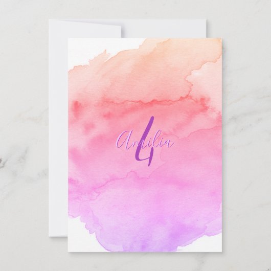 水彩ピンクパープルガール4th YEAR OLD誕生日 招待状 (裏面)