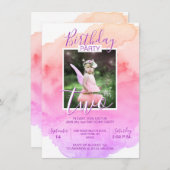 水彩ピンクパープルガール 誕生日 2歳 二歳 招待状 (正面/裏面)