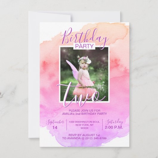 水彩ピンクパープルガール 誕生日 2歳 二歳 招待状 (正面)
