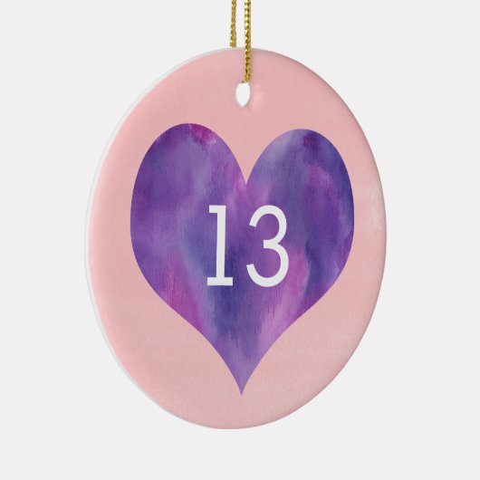 水彩ピンクパープルハート13誕生日 セラミックオーナメント (右)
