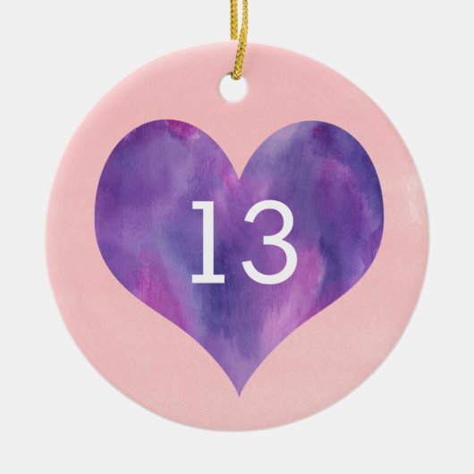 水彩ピンクパープルハート13誕生日 セラミックオーナメント (正面)