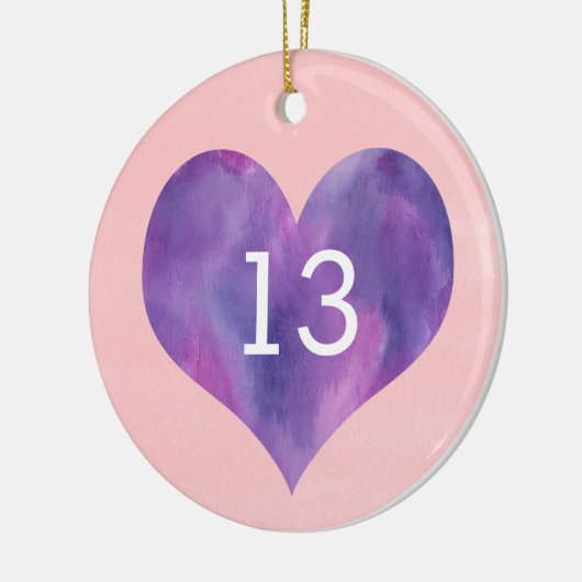 水彩ピンクパープルハート13誕生日 セラミックオーナメント (左)
