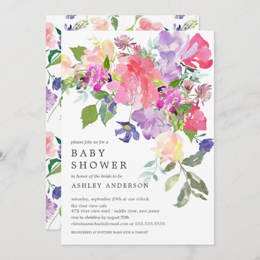 水彩ピンクパープルフローラ赤ちゃんシャワー 招待状 (正面/裏面)