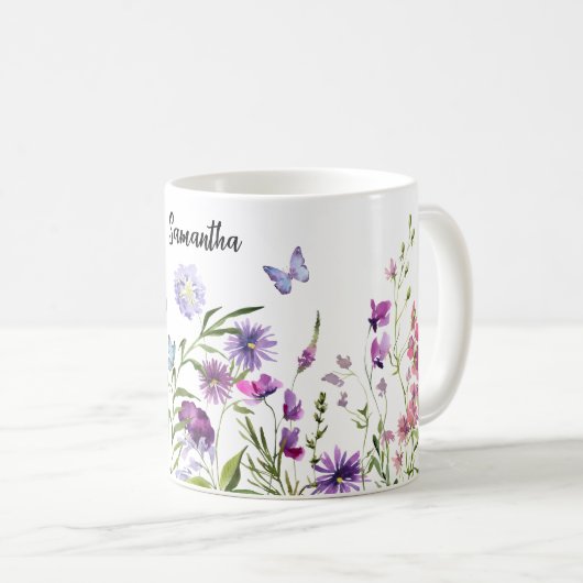 水彩ピンクパープルワイルドフラワーズメドーガーデン コーヒーマグカップ (正面右)