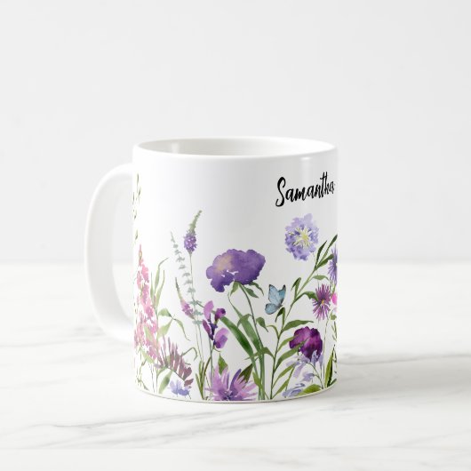 水彩ピンクパープルワイルドフラワーズメドーガーデン コーヒーマグカップ (正面左)