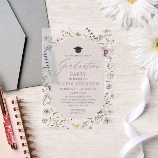 水彩ピンクパープルワイルドフラワー卒業 ベラム紙招待状 (ウェディング)