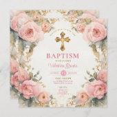 水彩ピンクピーチガールバプティスクロスフローラ 招待状 (正面/裏面)