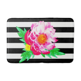 水彩ピンクピーニーブラック&ホワイトバスマット バスマット