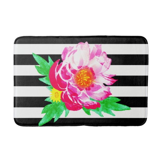 水彩ピンクピーニーブラック&ホワイトバスマット バスマット (正面)