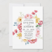 水彩ピンクピーニー縁どフローラユニーク結婚ズ 招待状 (正面)