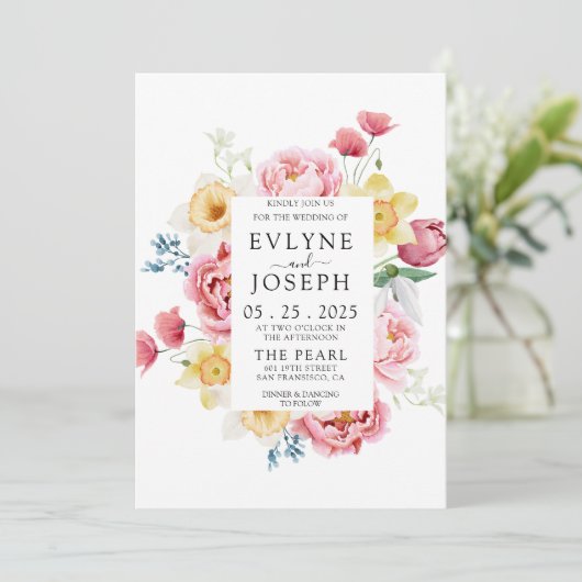 水彩ピンクピーニー縁どフローラユニーク結婚ズ 招待状 (スタンド正面)