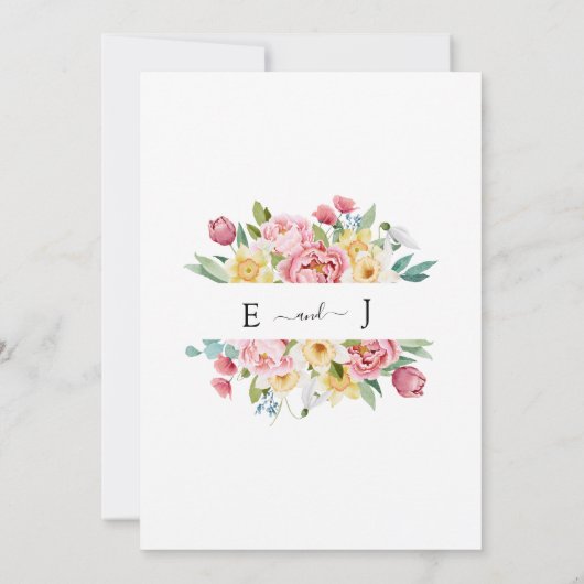 水彩ピンクピーニー縁どフローラユニーク結婚ズ 招待状 (裏面)