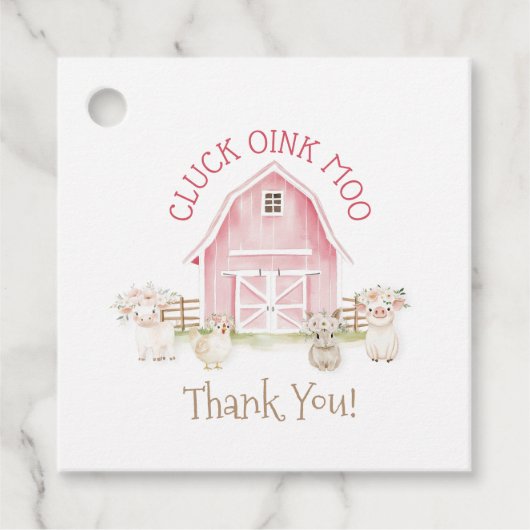 水彩ピンクファーム動物ベビーシャワーメッセージカード フェイバータグ (正面)